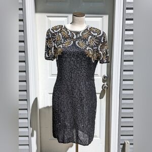 VINTAGE Night Vogue beaded black gold silver and pearl dress size 10